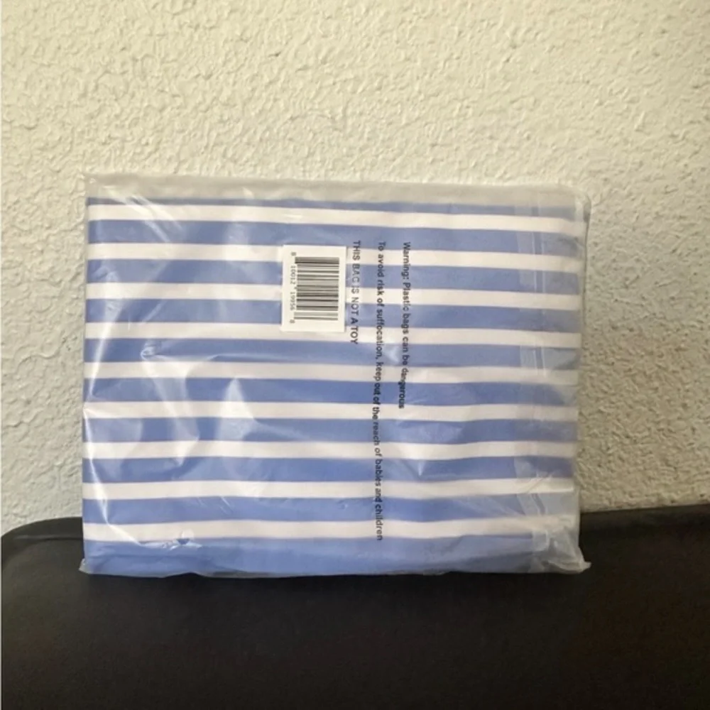 NWT Kate‎ Spade Large Canvas Shopper Beach Foldable Tote Bag Stripe Blue & White